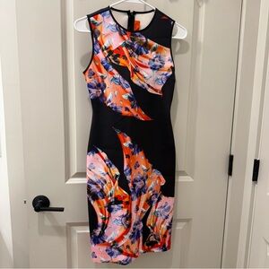 Clover Canyon Scuba Dress S Neoprene Floral Print Orange Blue Purple Bodycon